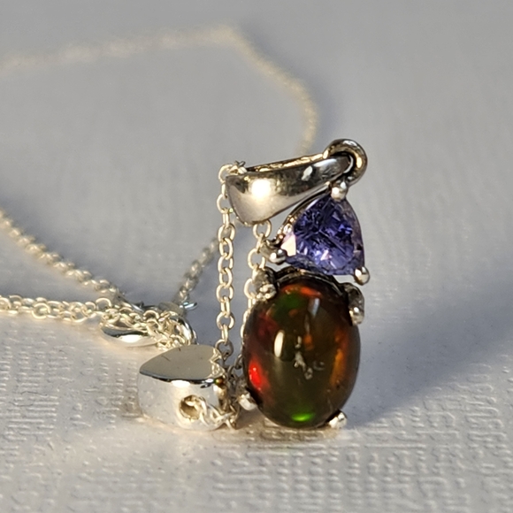 VID! 925 Natural Ethiopian Black Opal & Tanzanite Pendant Charm Necklace, Italy - Picture 9 of 14